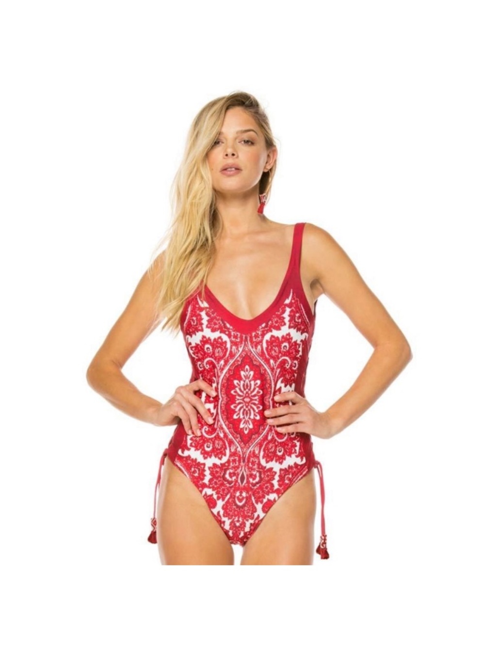 Agua Bendita Lara Bandana Print One-Piece Swimsuit with Side Lace-Up Red White M - Picture 2 of 15